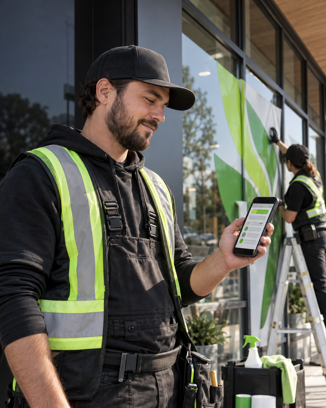 Graphic installation technician using CrewCor on a phone while a teammate installs storefront graphics