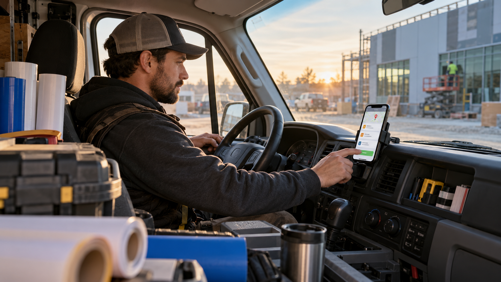 Technician in the driver's seat checking the next job on a phone mounted on the dash, with rolls of film in the van