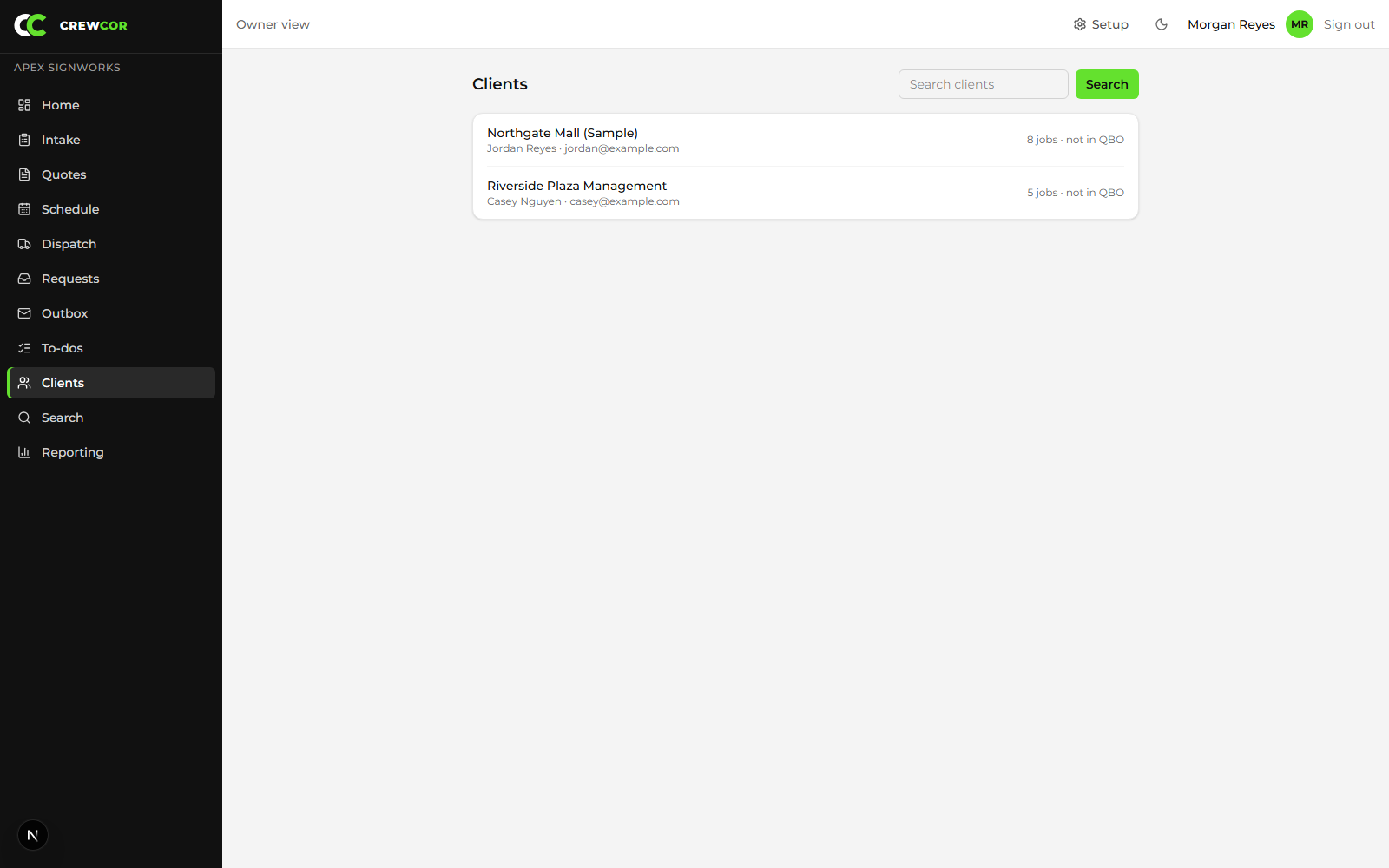 CrewCor client list showing each client with job counts and billing status
