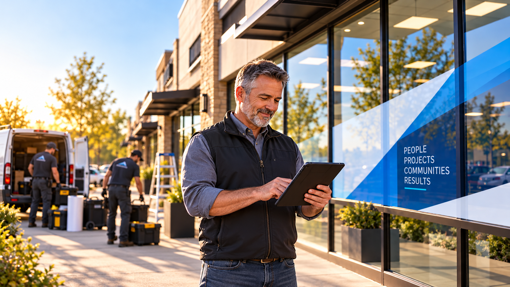 Business owner in a vest reviewing a finished job on a tablet while the crew loads the van behind him