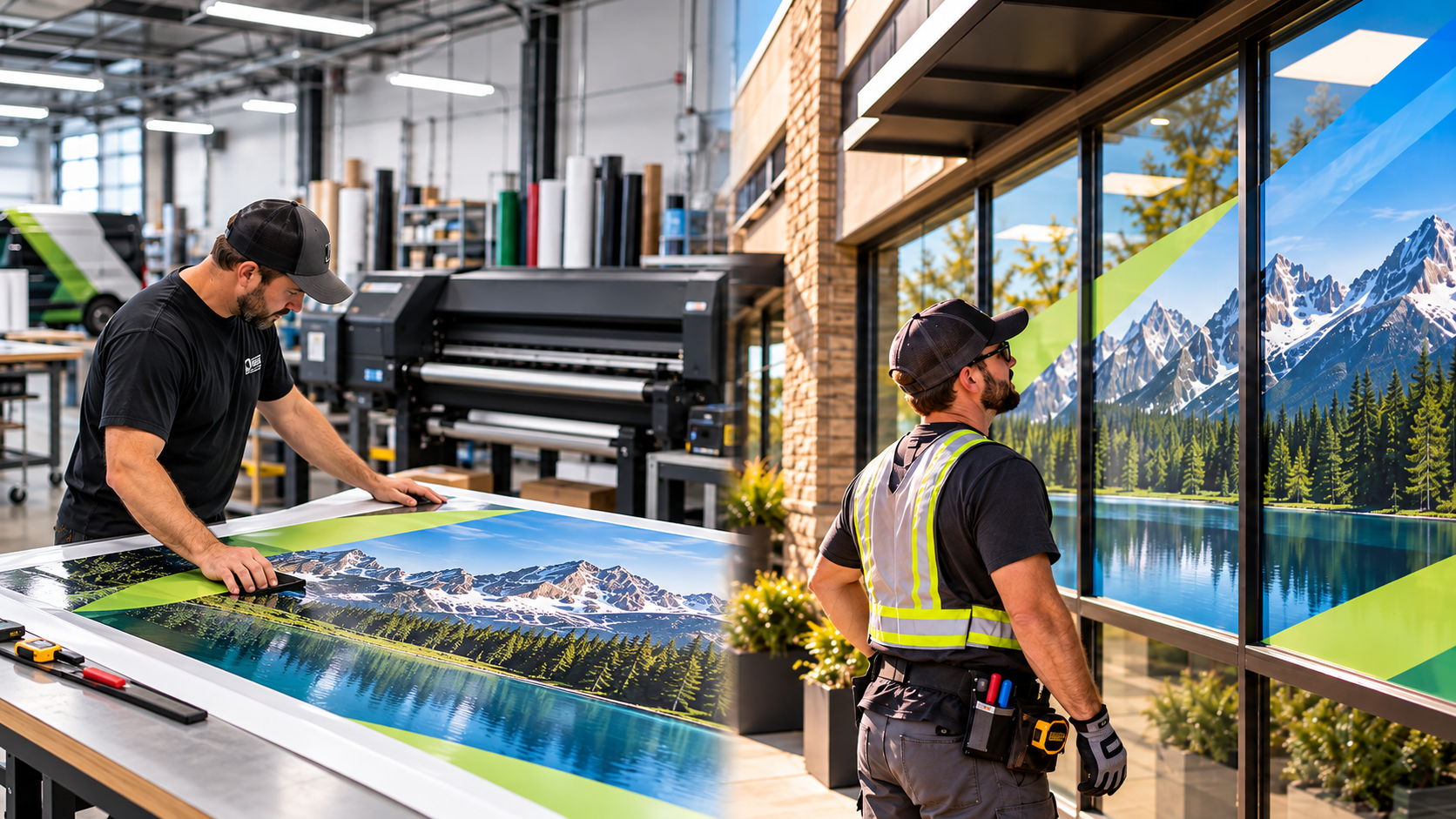 Shop technician checking a mountain print at the production table while an installer checks the finished window graphic on site