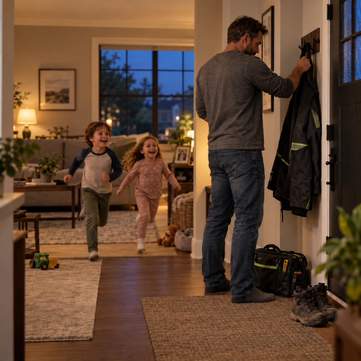 Graphic installation owner arriving home while children run to greet him