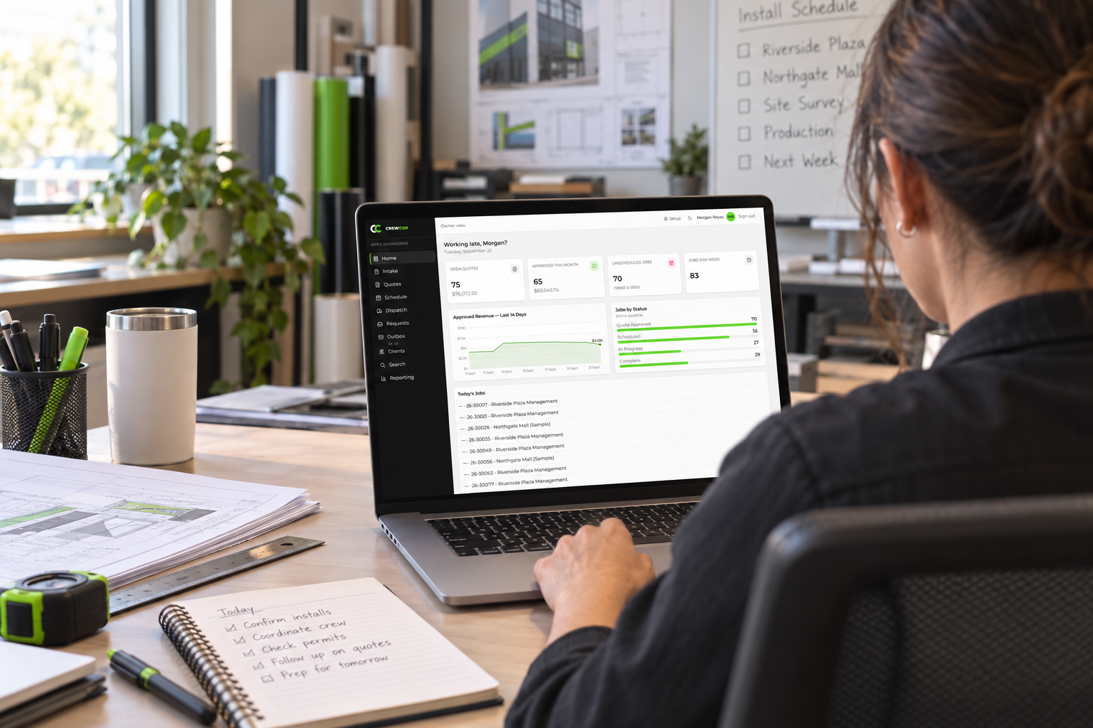 Owner reviewing the CrewCor business dashboard