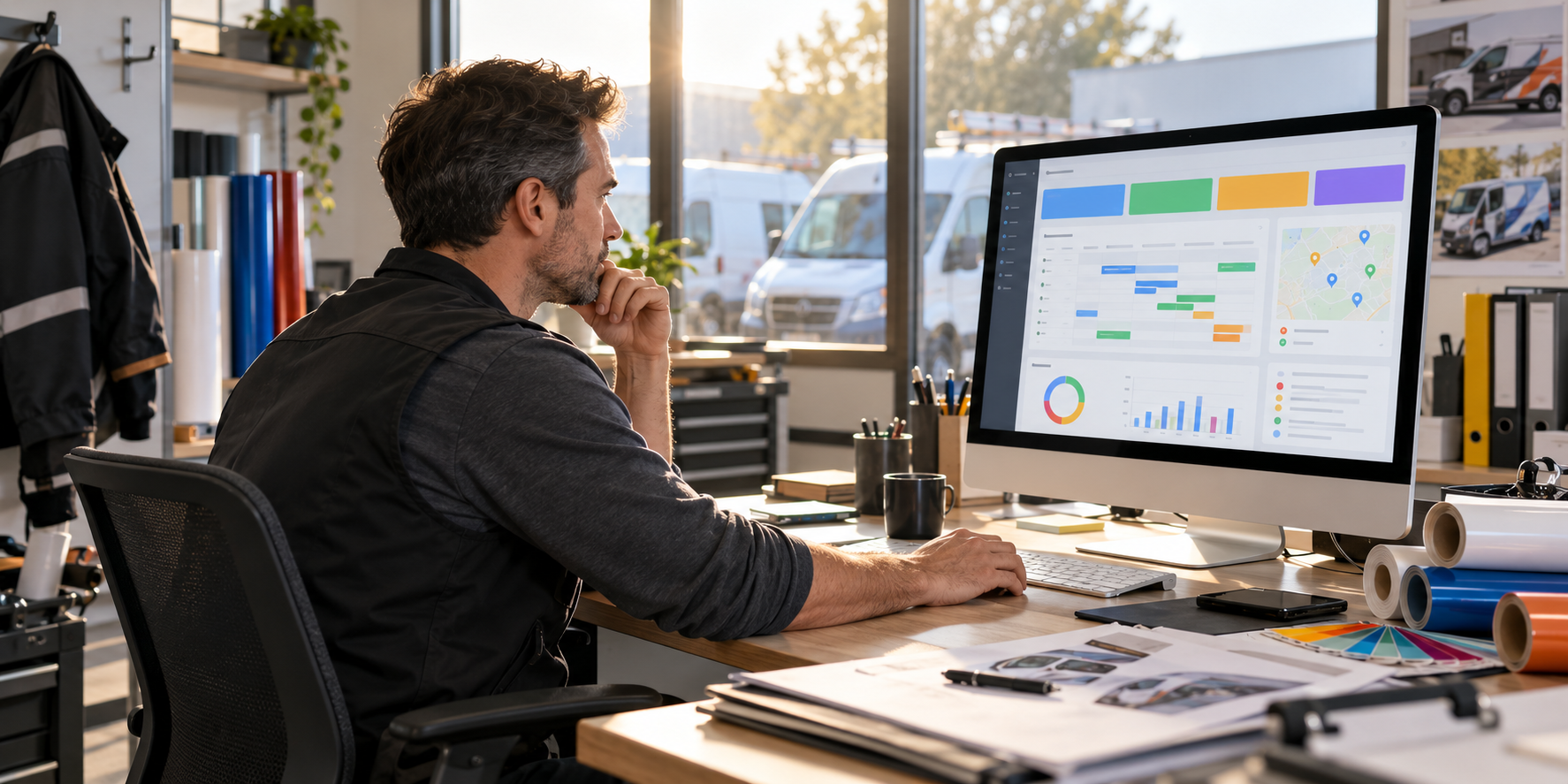 Graphic installation owner reviewing the morning dashboard at a computer