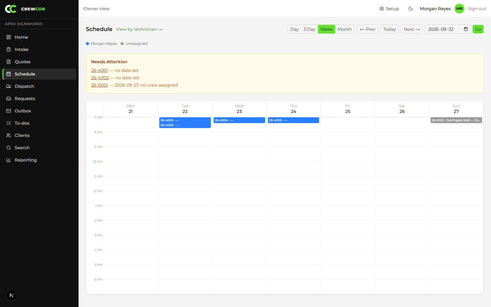 CrewCor week-view calendar showing scheduled jobs by crew