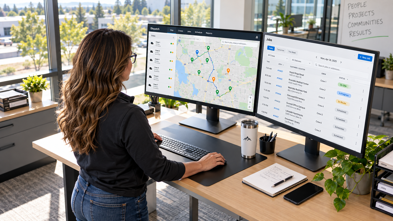 Dispatcher at a two-monitor desk with a crew map on one screen and a jobs list on the other