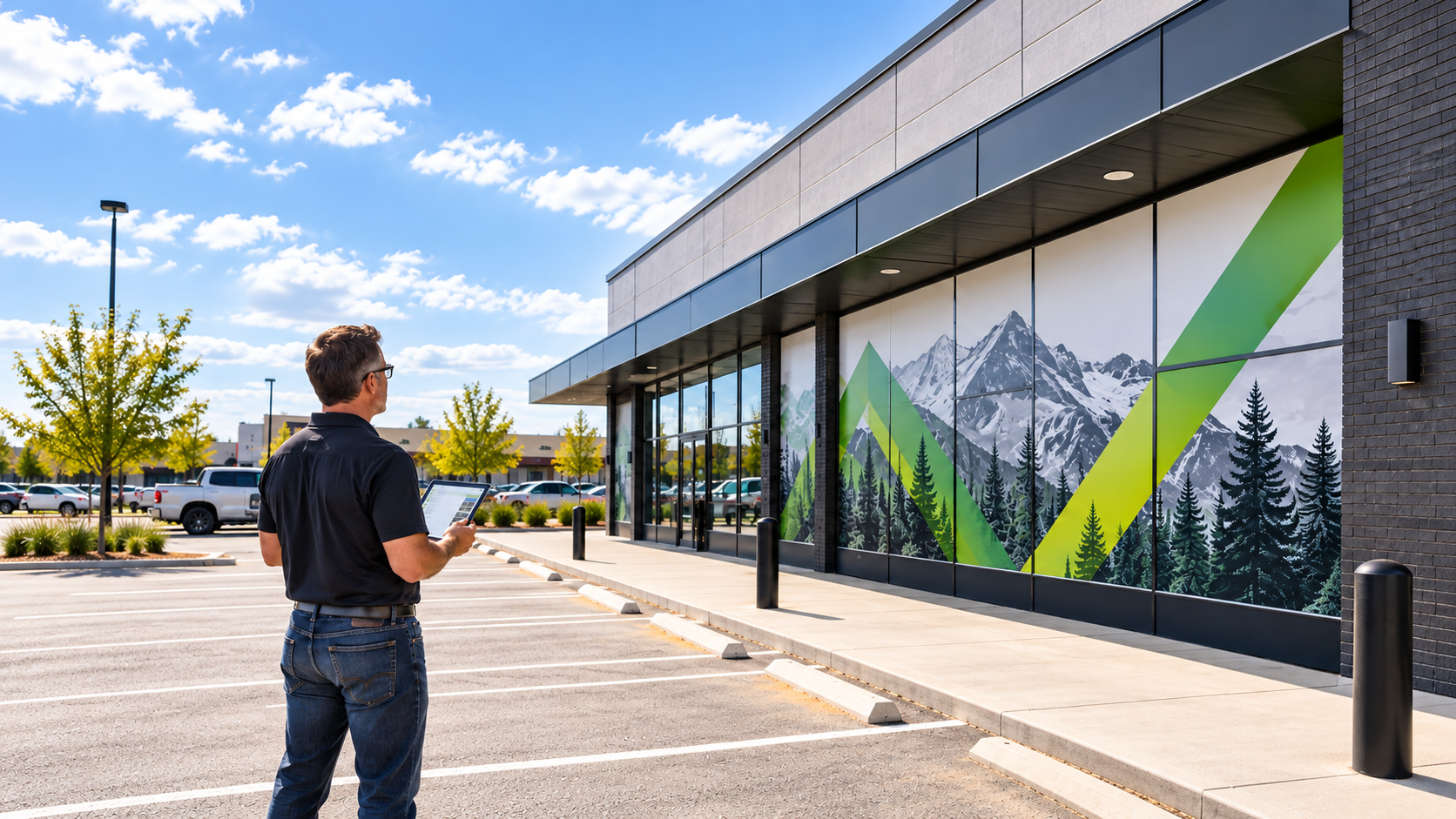 Business owner in a dark polo checking a tablet in a parking lot beside a storefront with a mountain and forest graphic