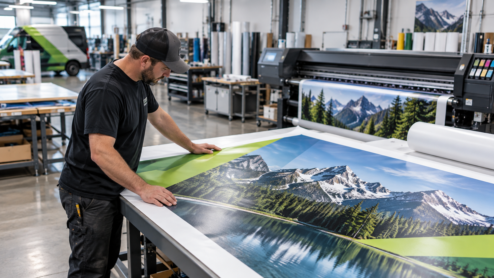 Shop installer checking a large-format mountain print on the production floor beside the printer
