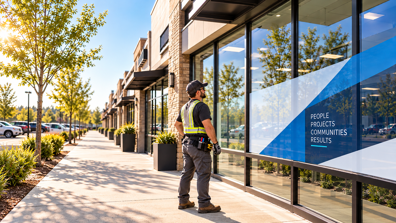 Installer in a hi-vis vest on a sidewalk, looking up at a storefront with a finished graphic